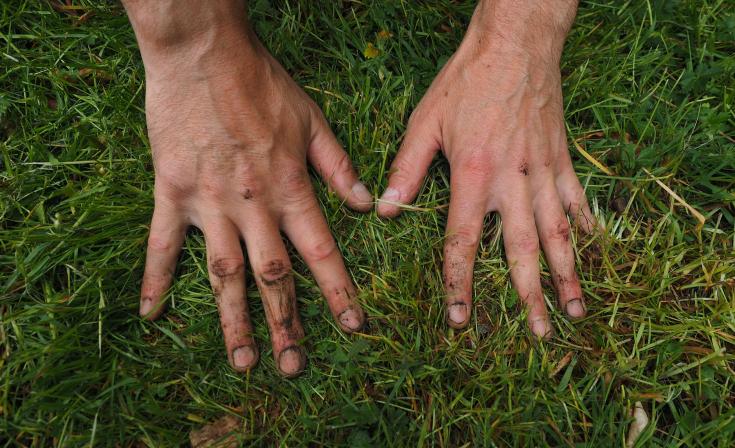 Earth-stained hands pressed firmly against grassy ground